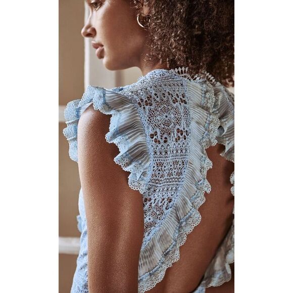 NWT Saylor Zazie Dusk Blue Lace Ruffle Meager Sleeves Lined Mini Dress Size XS - Picture 3 of 12